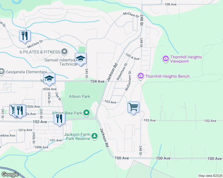 map of restaurants, bars, coffee shops, grocery stores, and more near 10363 Robertson Street in Maple Ridge