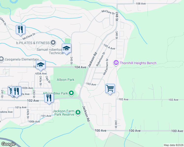 map of restaurants, bars, coffee shops, grocery stores, and more near 10390 Jackson Road in Maple Ridge