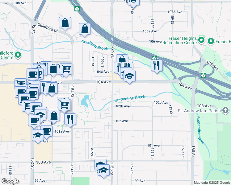 map of restaurants, bars, coffee shops, grocery stores, and more near 10320 156 Street in Surrey