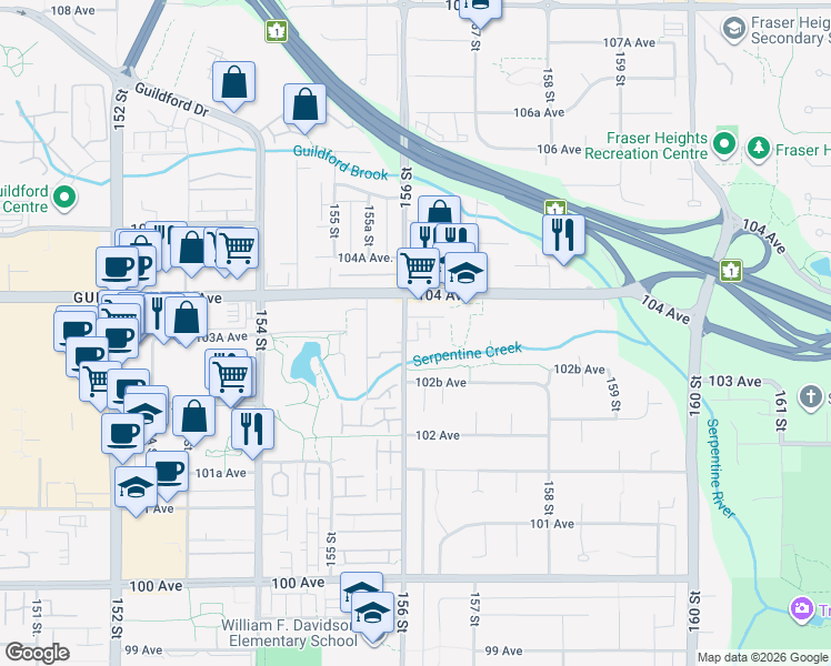 map of restaurants, bars, coffee shops, grocery stores, and more near 10320 156 Street in Surrey