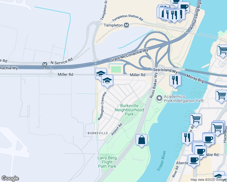 map of restaurants, bars, coffee shops, grocery stores, and more near 2320 Boeing Avenue in Richmond