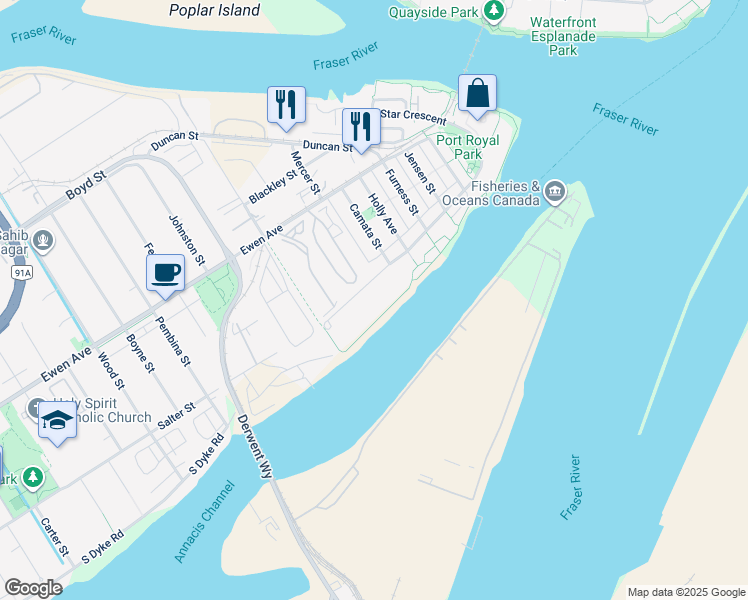 map of restaurants, bars, coffee shops, grocery stores, and more near in New Westminster
