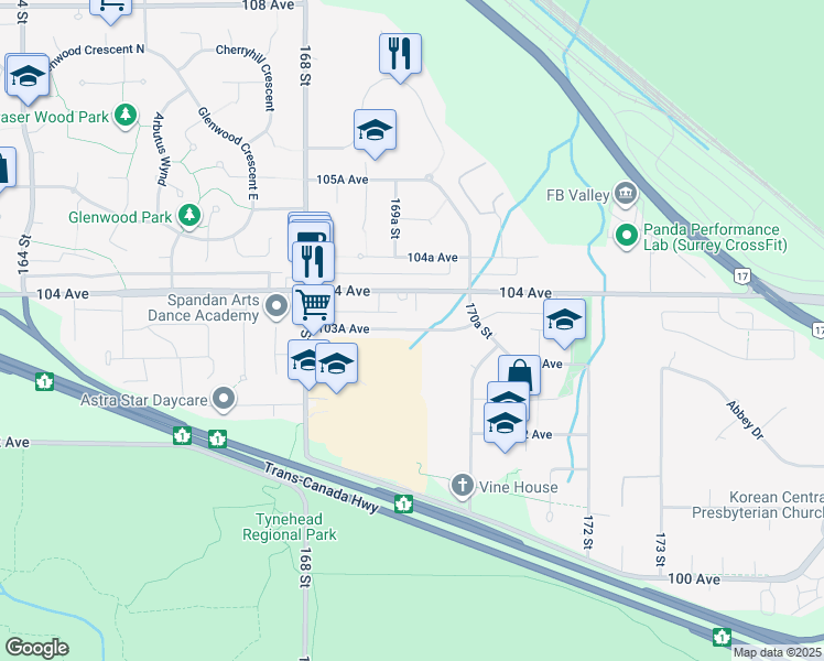map of restaurants, bars, coffee shops, grocery stores, and more near 16950 103A Avenue in Surrey