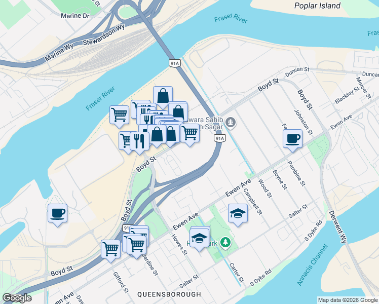 map of restaurants, bars, coffee shops, grocery stores, and more near 816 Boyd Street in New Westminster