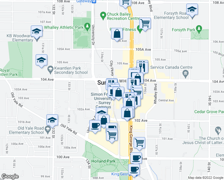 map of restaurants, bars, coffee shops, grocery stores, and more near in Surrey
