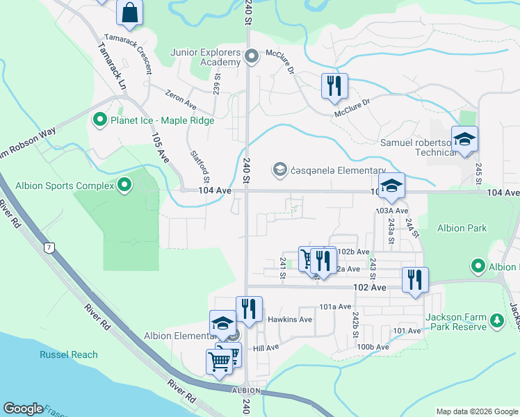 map of restaurants, bars, coffee shops, grocery stores, and more near 10373 240A Street in Maple Ridge