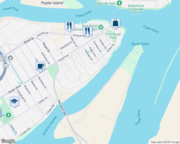 map of restaurants, bars, coffee shops, grocery stores, and more near 300 Salter Street in New Westminster
