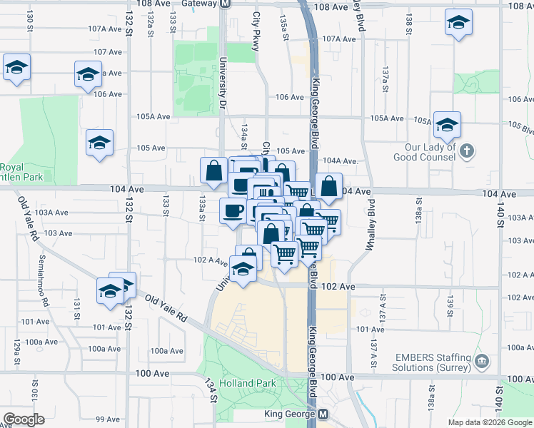 map of restaurants, bars, coffee shops, grocery stores, and more near 13495 Central Avenue in Surrey