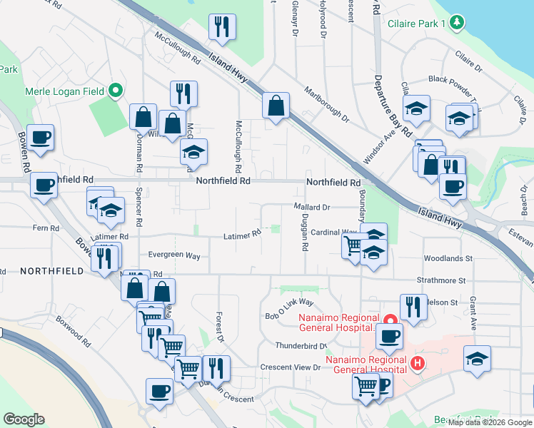 map of restaurants, bars, coffee shops, grocery stores, and more near 1777 Latimer Road in Nanaimo