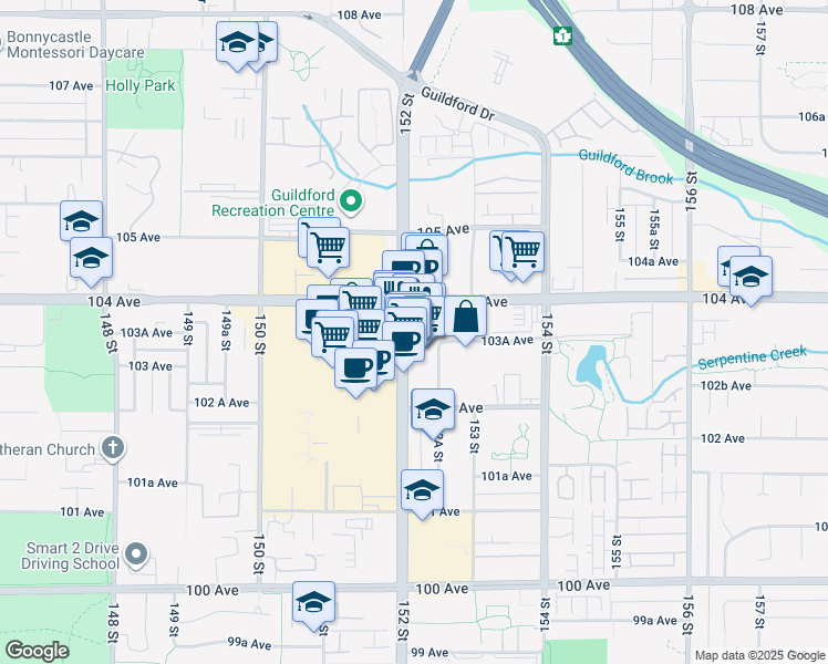 map of restaurants, bars, coffee shops, grocery stores, and more near 10330 152 Street in Surrey