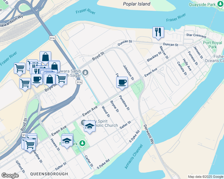 map of restaurants, bars, coffee shops, grocery stores, and more near 310 Pembina Street in New Westminster