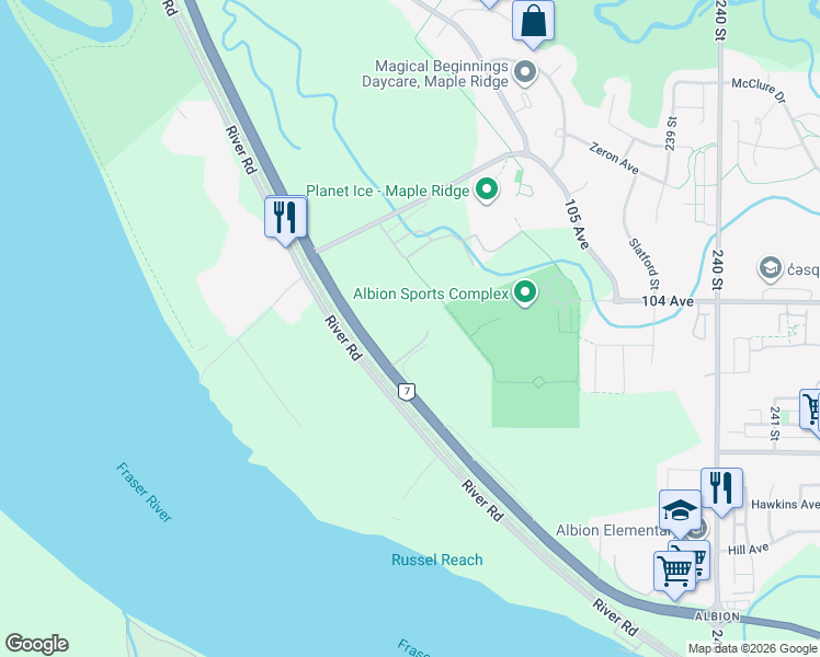 map of restaurants, bars, coffee shops, grocery stores, and more near 23477 Lougheed Highway in Maple Ridge