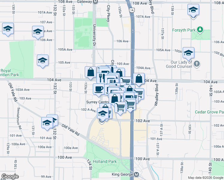 map of restaurants, bars, coffee shops, grocery stores, and more near in Surrey
