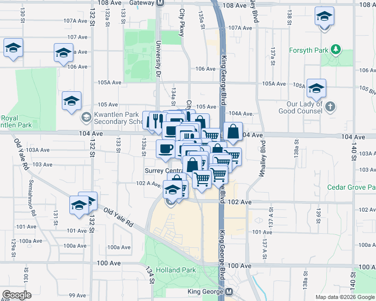 map of restaurants, bars, coffee shops, grocery stores, and more near 13495 Central Avenue in Surrey