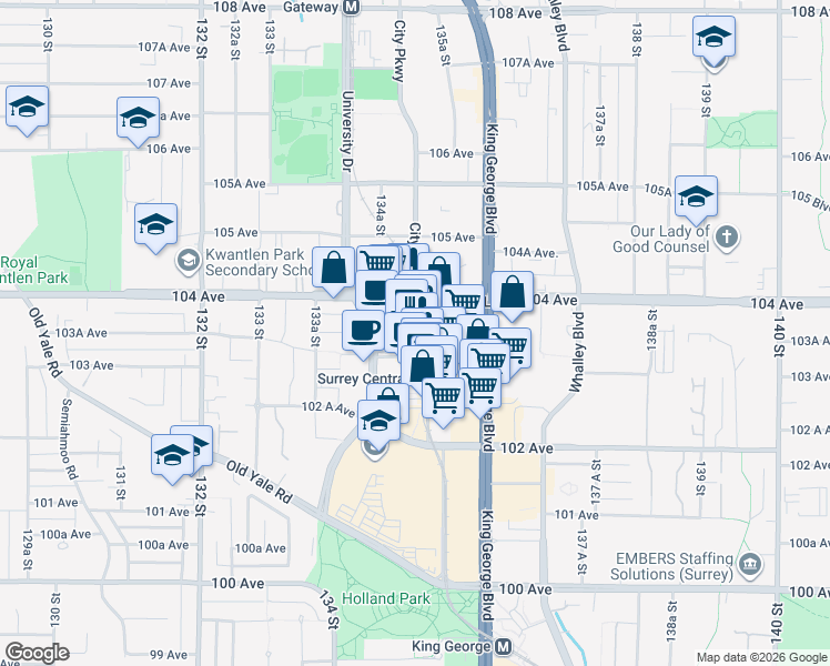 map of restaurants, bars, coffee shops, grocery stores, and more near in Surrey