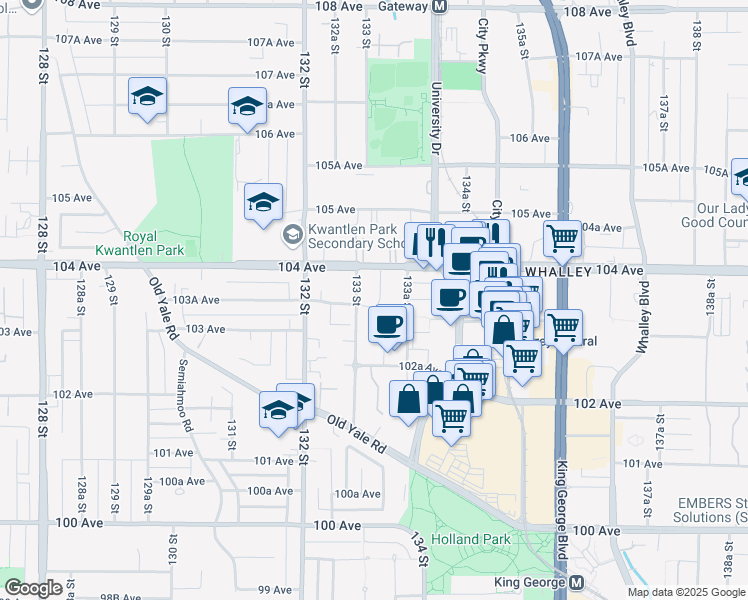 map of restaurants, bars, coffee shops, grocery stores, and more near in Surrey
