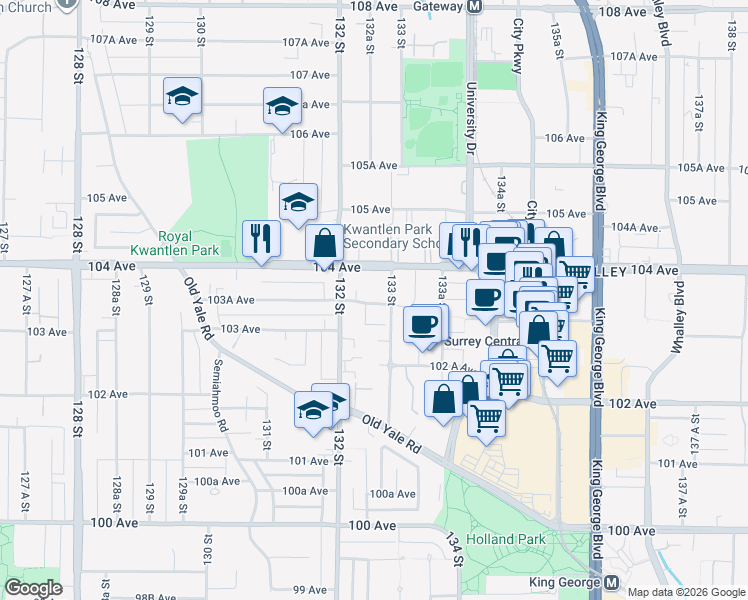 map of restaurants, bars, coffee shops, grocery stores, and more near in Surrey