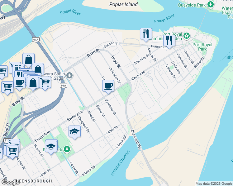 map of restaurants, bars, coffee shops, grocery stores, and more near 520 Ewen Avenue in New Westminster