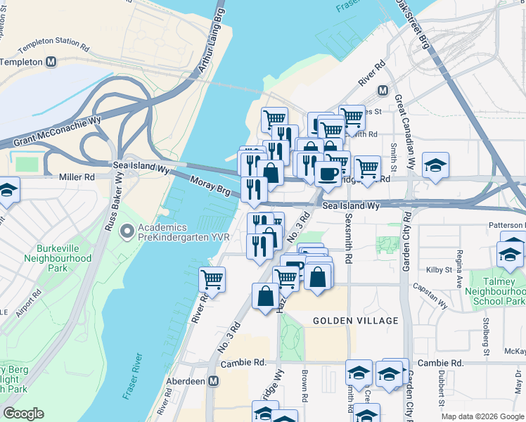 map of restaurants, bars, coffee shops, grocery stores, and more near 3099 Corvette Way in Richmond