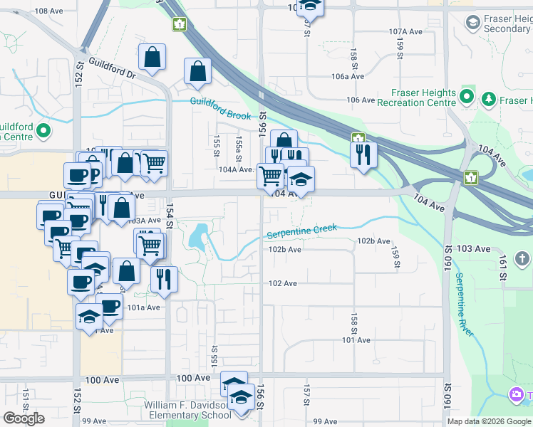 map of restaurants, bars, coffee shops, grocery stores, and more near 10340 156 Street in Surrey