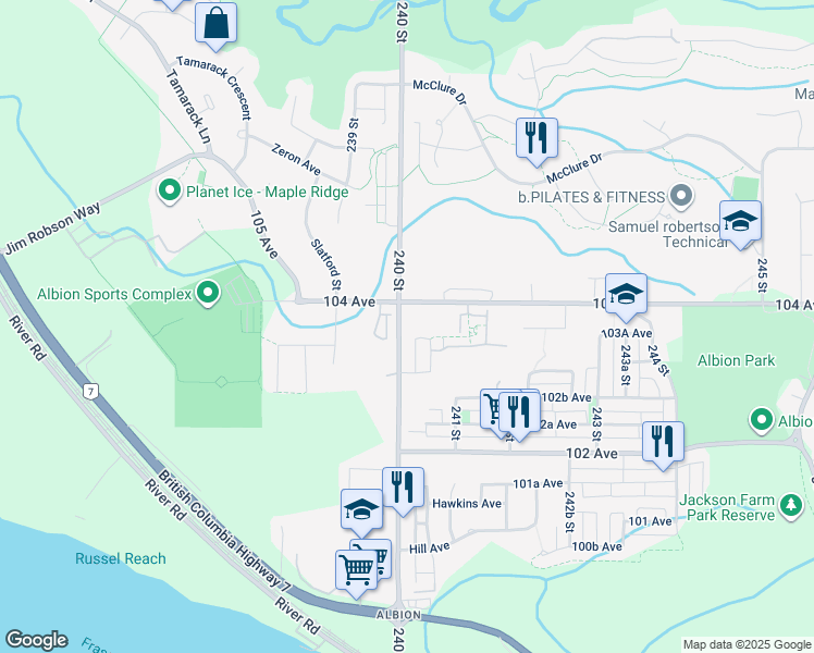 map of restaurants, bars, coffee shops, grocery stores, and more near 10372 240 Street in Maple Ridge