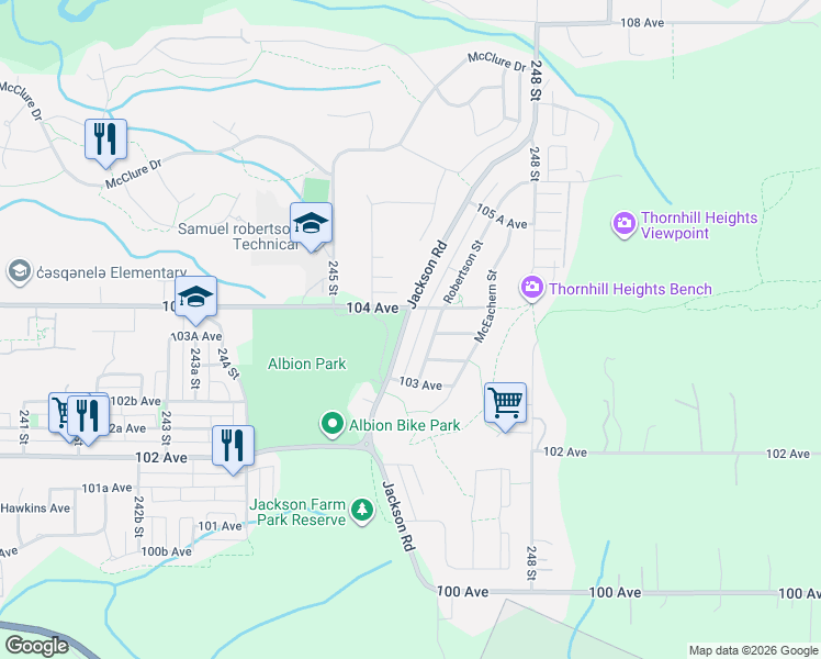 map of restaurants, bars, coffee shops, grocery stores, and more near 10390 Jackson Road in Maple Ridge