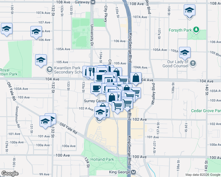 map of restaurants, bars, coffee shops, grocery stores, and more near 13495 Central Avenue in Surrey