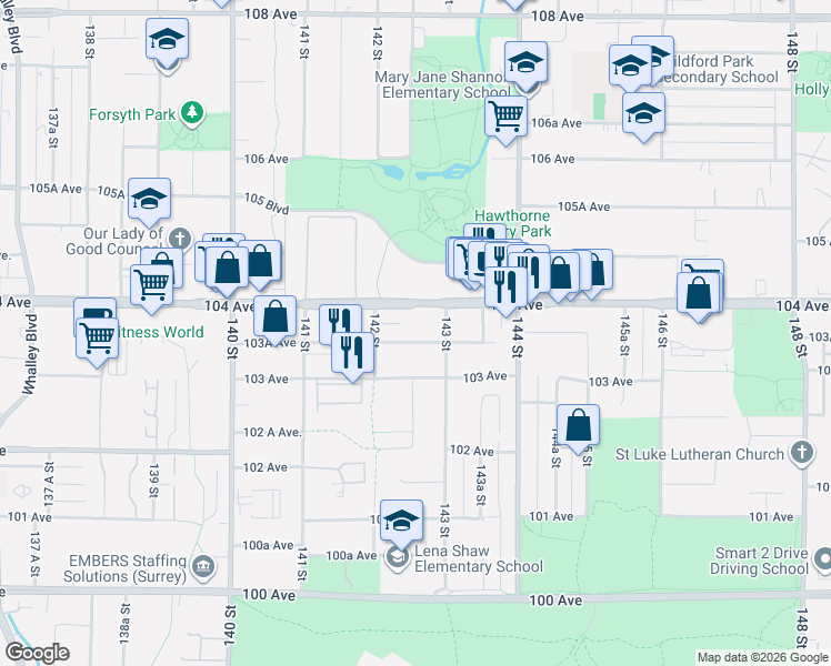 map of restaurants, bars, coffee shops, grocery stores, and more near 14257 103A Avenue in Surrey