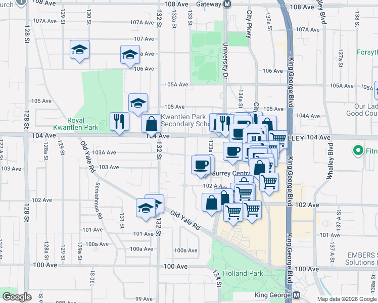 map of restaurants, bars, coffee shops, grocery stores, and more near 13303 Central Avenue in Surrey