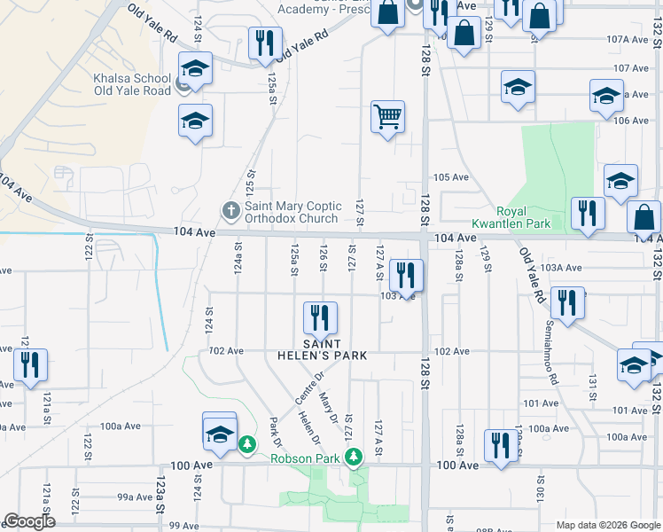 map of restaurants, bars, coffee shops, grocery stores, and more near 10346 126 Street in Surrey