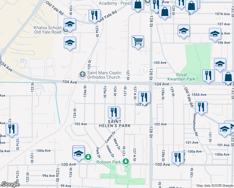 map of restaurants, bars, coffee shops, grocery stores, and more near 10346 126 Street in Surrey