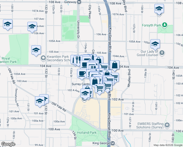 map of restaurants, bars, coffee shops, grocery stores, and more near in Surrey