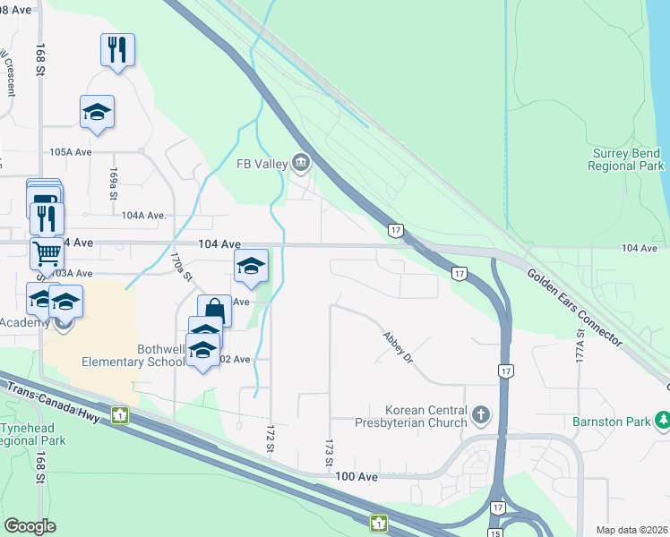 map of restaurants, bars, coffee shops, grocery stores, and more near 17317 103A Avenue in Surrey