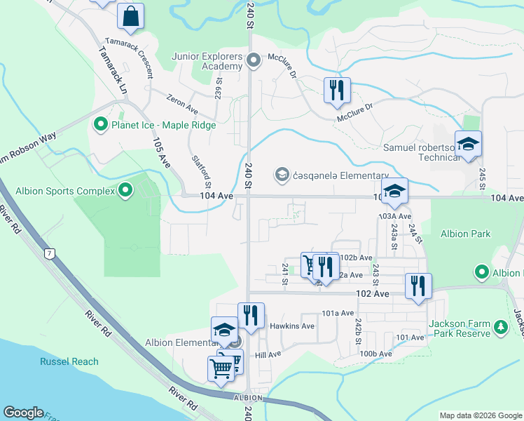 map of restaurants, bars, coffee shops, grocery stores, and more near 10373 240A Street in Maple Ridge