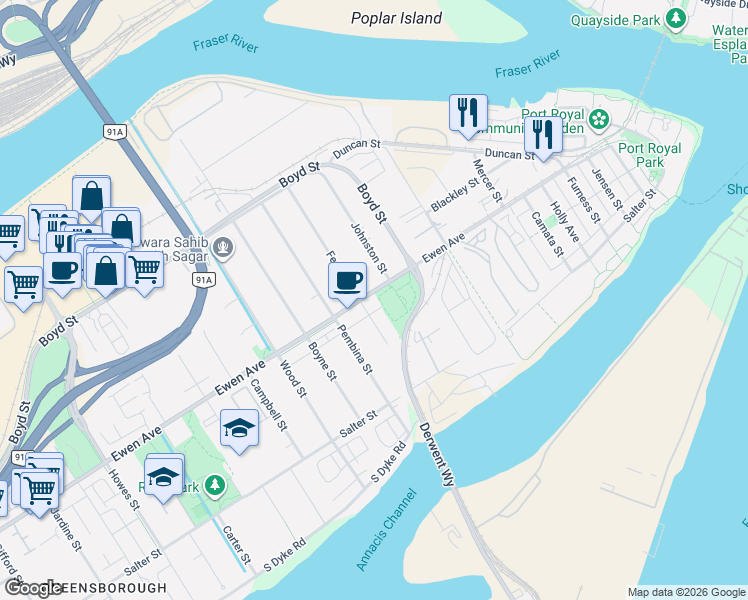 map of restaurants, bars, coffee shops, grocery stores, and more near 520 Ewen Avenue in New Westminster