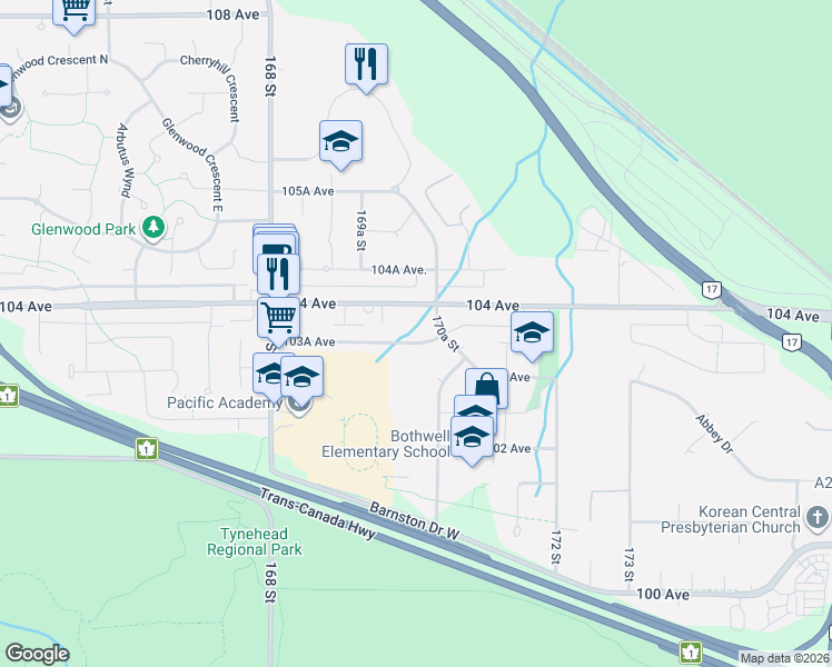 map of restaurants, bars, coffee shops, grocery stores, and more near 17011 103A Avenue in Surrey