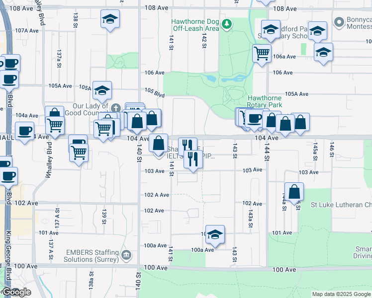 map of restaurants, bars, coffee shops, grocery stores, and more near in Surrey
