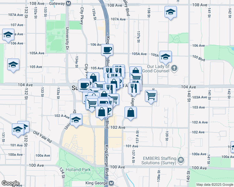 map of restaurants, bars, coffee shops, grocery stores, and more near in Surrey