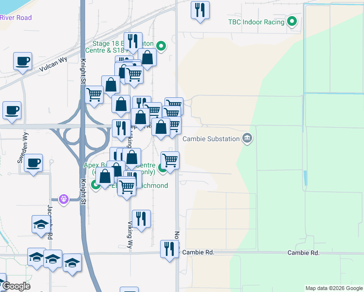 map of restaurants, bars, coffee shops, grocery stores, and more near 3120 Number 6 Road in Richmond