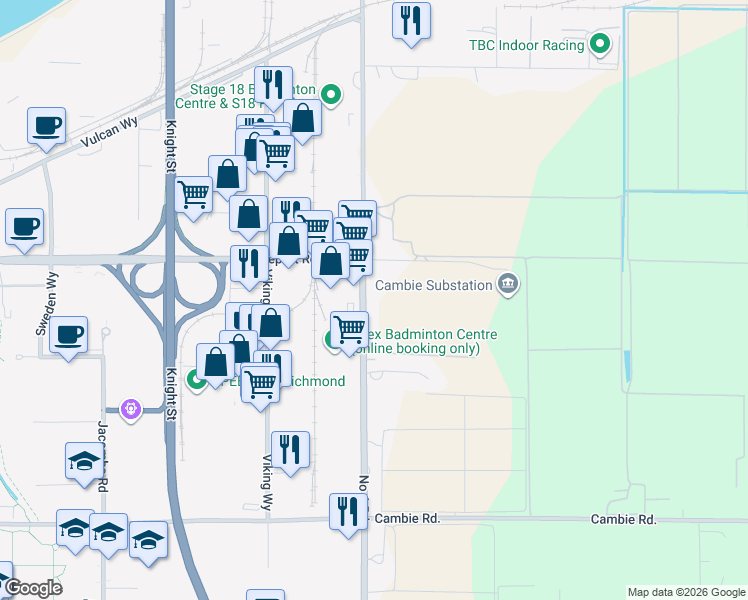 map of restaurants, bars, coffee shops, grocery stores, and more near 3120 Number 6 Road in Richmond