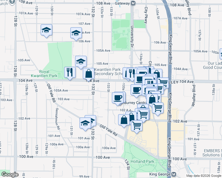 map of restaurants, bars, coffee shops, grocery stores, and more near 13303 Central Avenue in Surrey