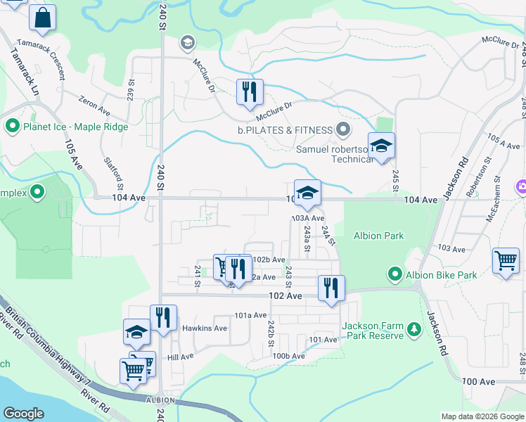 map of restaurants, bars, coffee shops, grocery stores, and more near 24225 103A Avenue in Maple Ridge