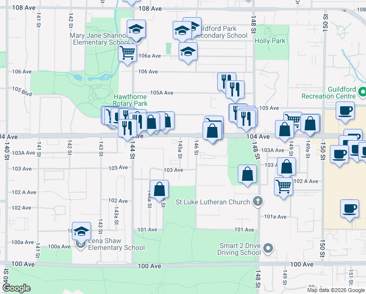 map of restaurants, bars, coffee shops, grocery stores, and more near 10366 145A Street in Surrey
