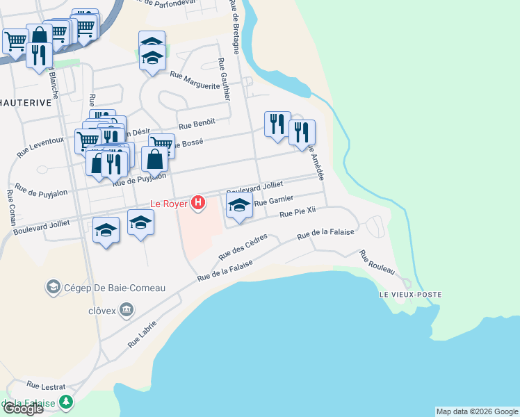 map of restaurants, bars, coffee shops, grocery stores, and more near 439 Rue Garnier in Baie-Comeau