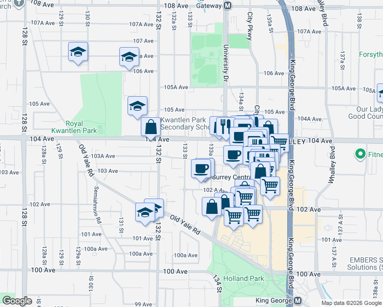 map of restaurants, bars, coffee shops, grocery stores, and more near 13303 103A Avenue in Surrey