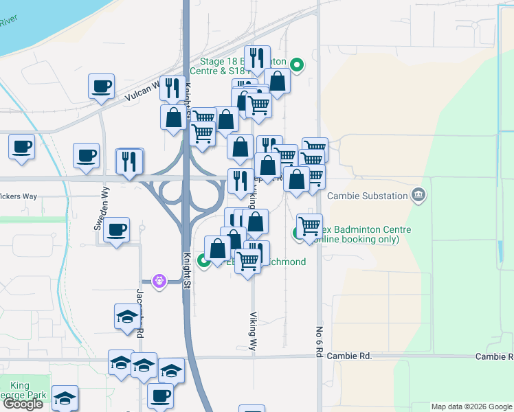 map of restaurants, bars, coffee shops, grocery stores, and more near 3260 Viking Way in Richmond