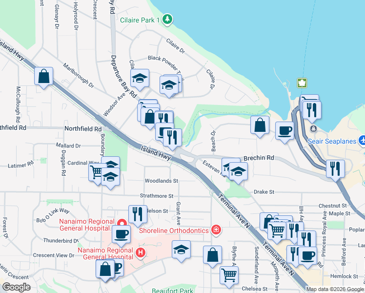 map of restaurants, bars, coffee shops, grocery stores, and more near 35 Thetis Place in Nanaimo