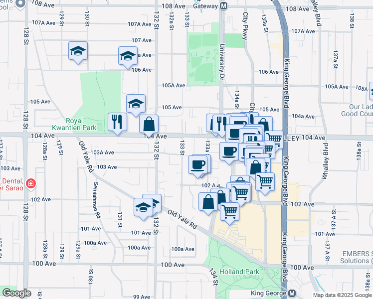 map of restaurants, bars, coffee shops, grocery stores, and more near 13303 Central Avenue in Surrey