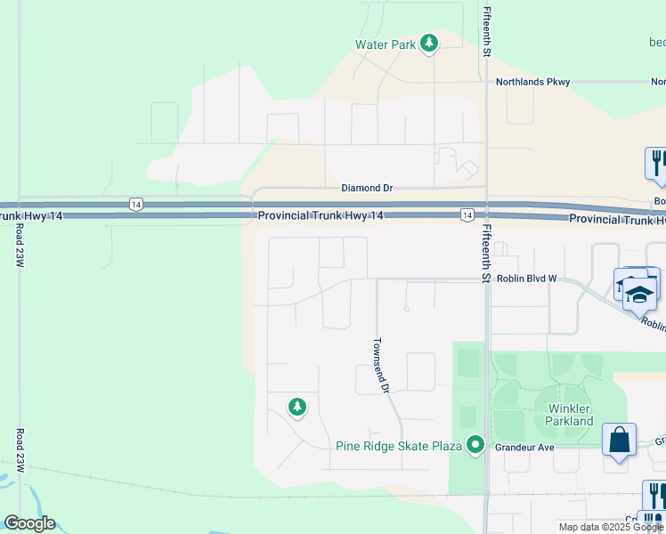 map of restaurants, bars, coffee shops, grocery stores, and more near Raven Road in Winkler