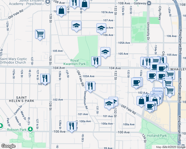 map of restaurants, bars, coffee shops, grocery stores, and more near 13065 103A Avenue in Surrey